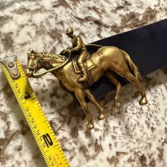 Polo Ralph Lauren Navy Suede Equestrian Belt Gold Horse Buckle Italy Sz 38 - Picture 14 of 17